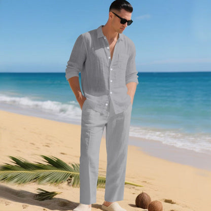 Men's Long Sleeve Shirt and Trouser Set with Button-Down Collar
