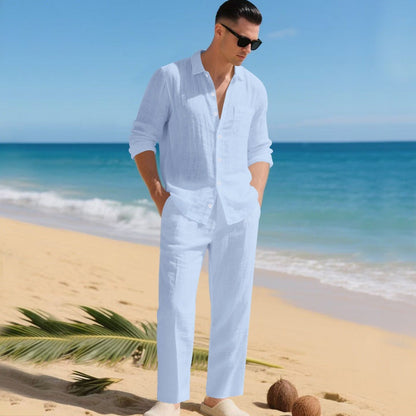 Men's Long Sleeve Shirt and Trouser Set with Button-Down Collar