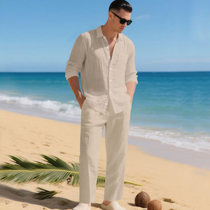 Men's Long Sleeve Shirt and Trouser Set with Button-Down Collar