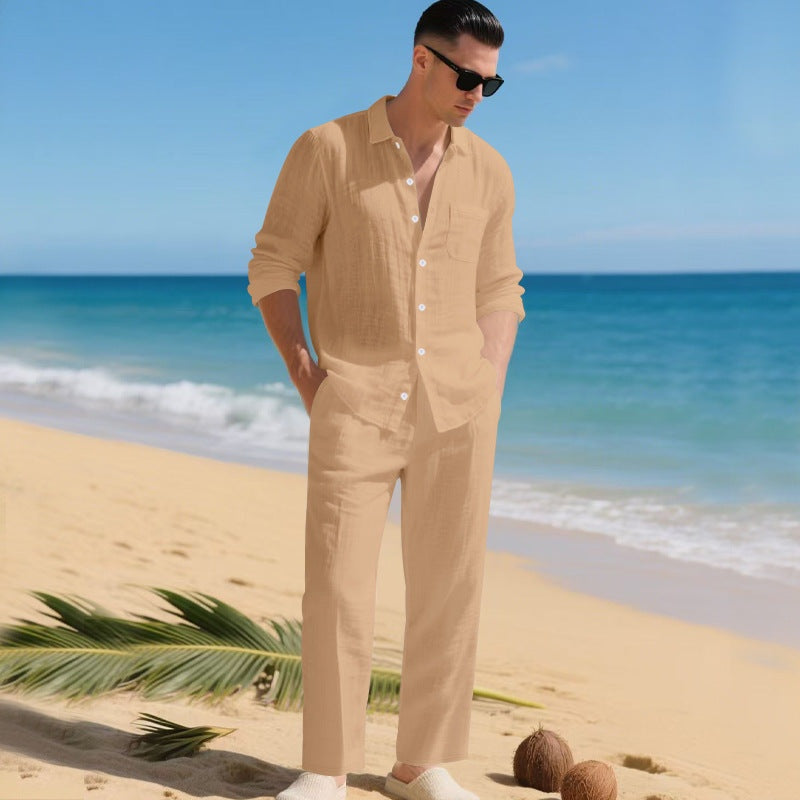 Men's Long Sleeve Shirt and Trouser Set with Button-Down Collar