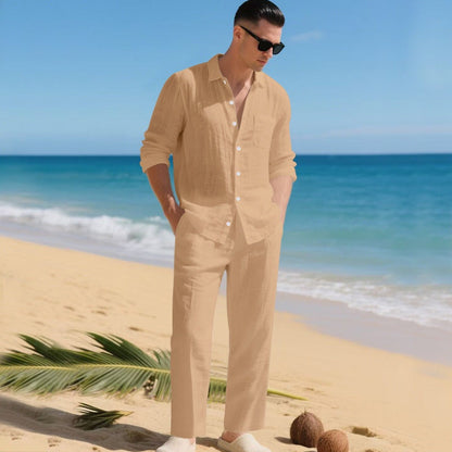 Men's Long Sleeve Shirt and Trouser Set with Button-Down Collar