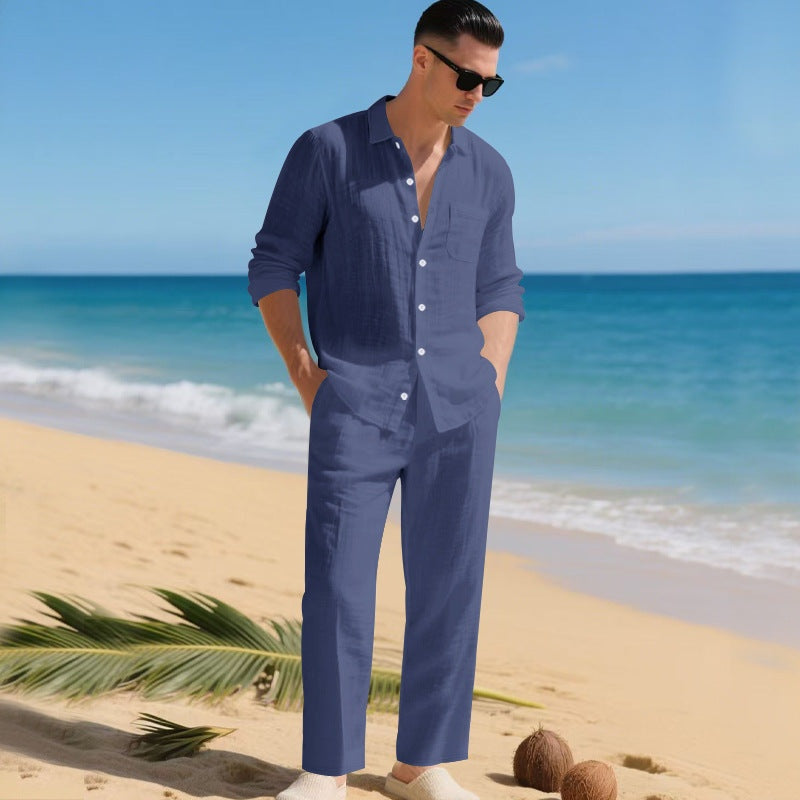 Men's Long Sleeve Shirt and Trouser Set with Button-Down Collar