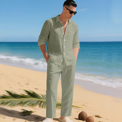 Men's Long Sleeve Shirt and Trouser Set with Button-Down Collar