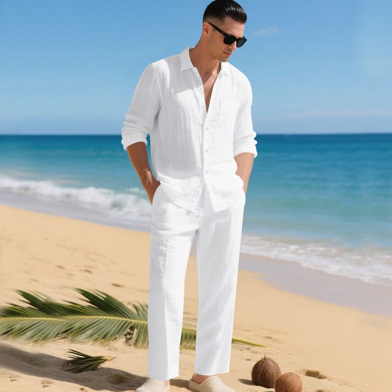 Men's Long Sleeve Shirt and Trouser Set with Button-Down Collar