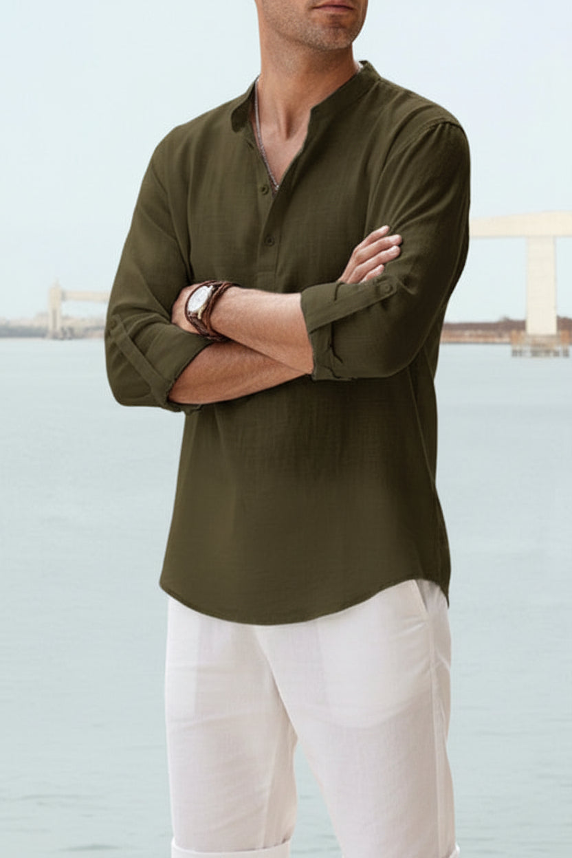 Men's Long Sleeve Shirt with Band Collar and Henley Placket