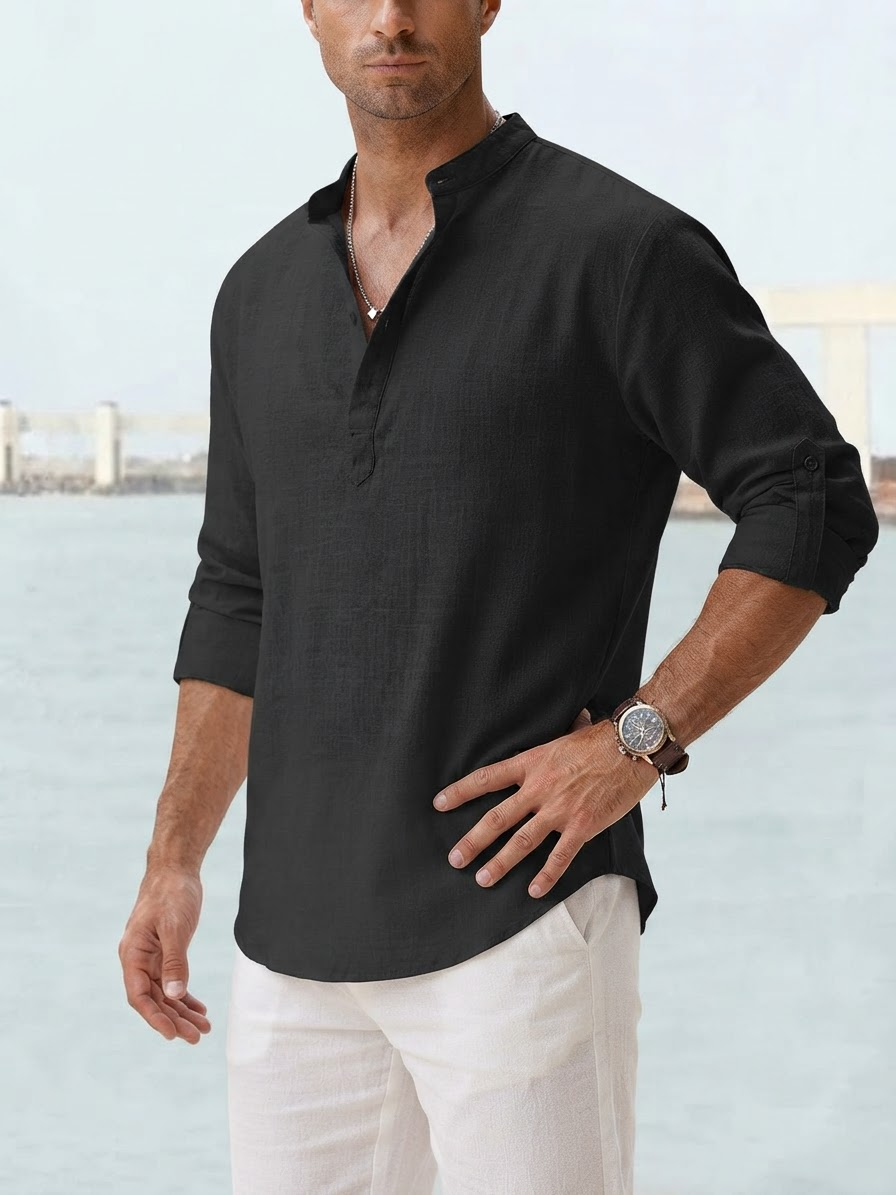Men's Long Sleeve Shirt with Band Collar and Henley Placket