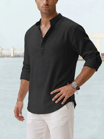 Men's Long Sleeve Shirt with Band Collar and Henley Placket