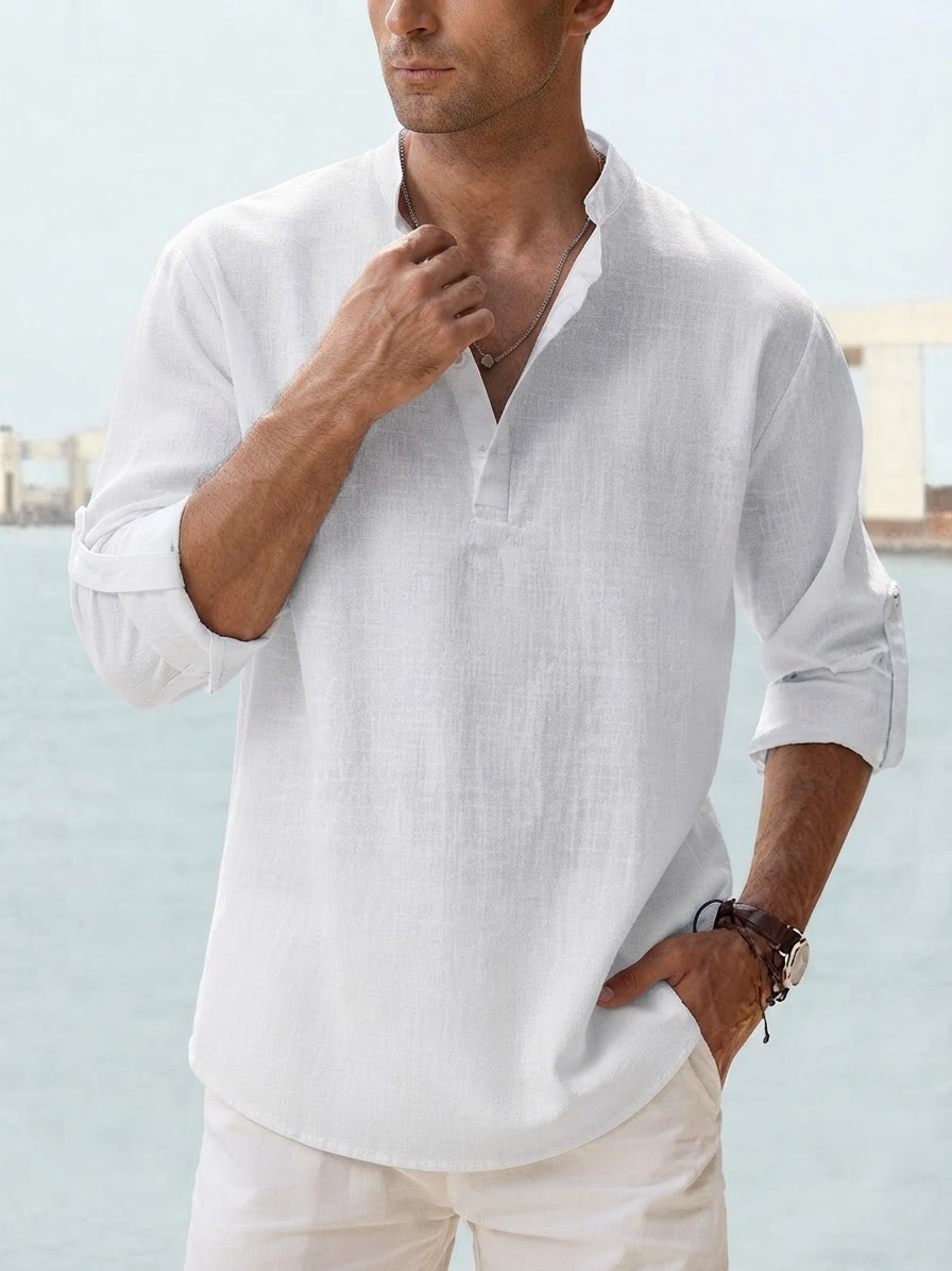 Men's Long Sleeve Shirt with Band Collar and Henley Placket