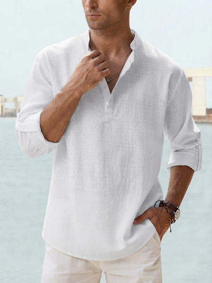 Men's Long Sleeve Shirt with Band Collar and Henley Placket
