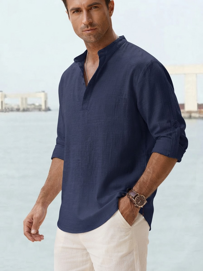 Men's Long Sleeve Shirt with Band Collar and Henley Placket