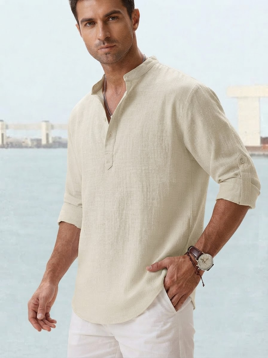 Men's Long Sleeve Shirt with Band Collar and Henley Placket