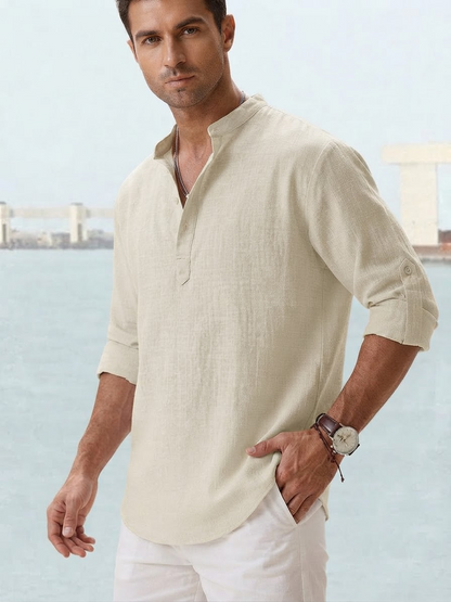 Men's Long Sleeve Shirt with Band Collar and Henley Placket