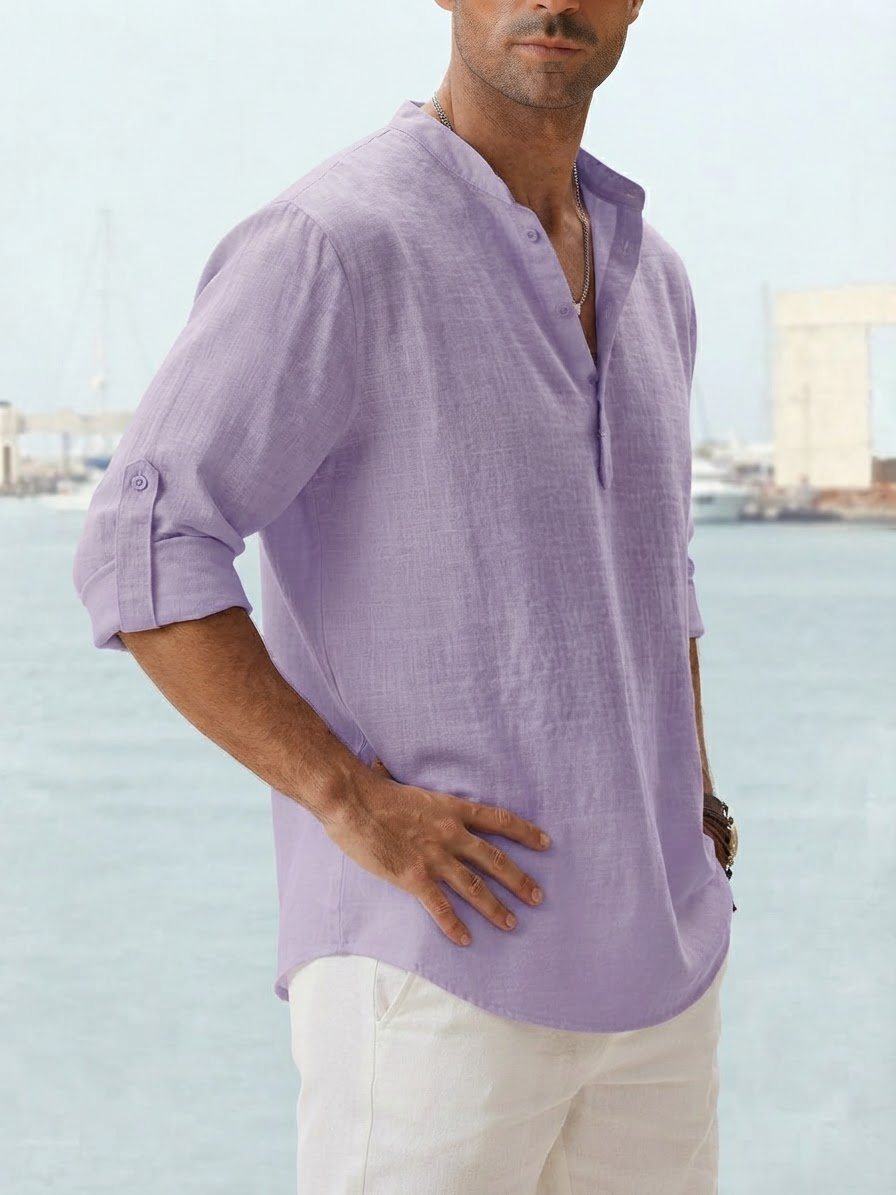 Men's Long Sleeve Shirt with Band Collar and Henley Placket