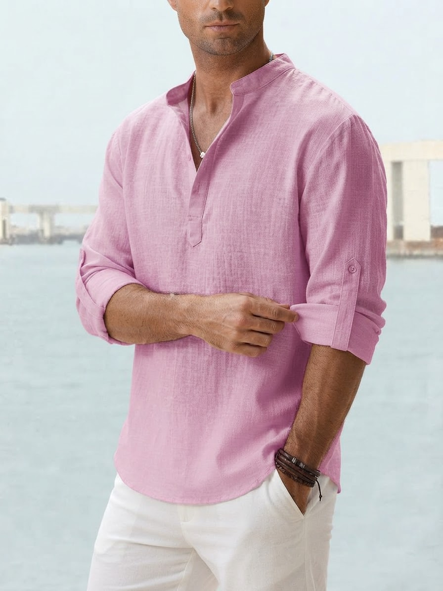 Men's Long Sleeve Shirt with Band Collar and Henley Placket