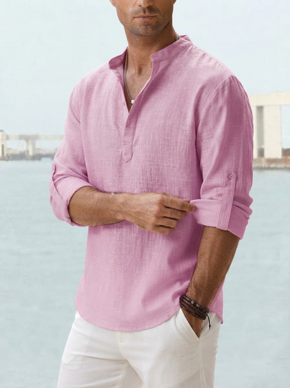 Men's Long Sleeve Shirt with Band Collar and Henley Placket