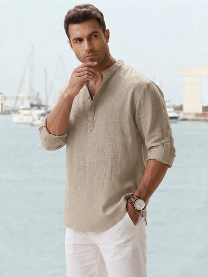 Men's Long Sleeve Shirt with Band Collar and Henley Placket