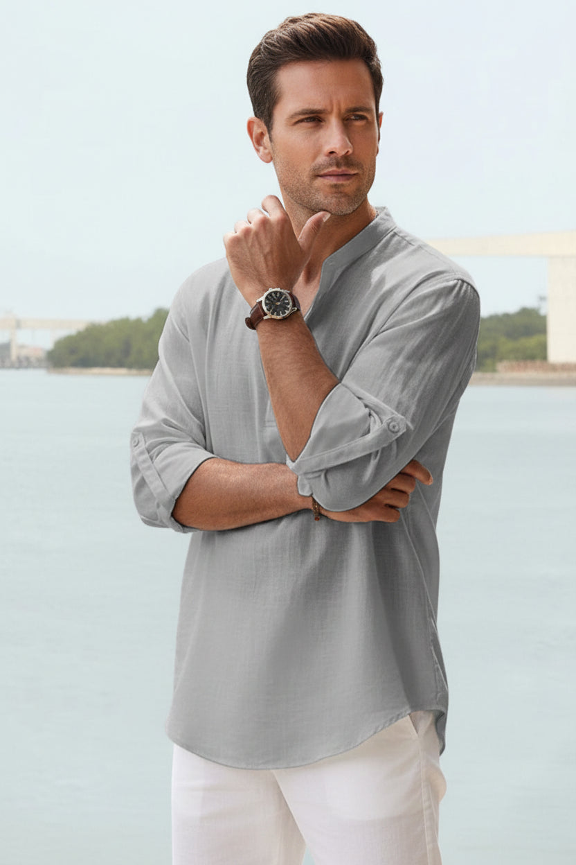 Men's Long Sleeve Shirt with Band Collar and Henley Placket