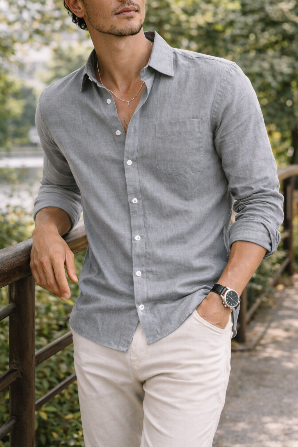 Men's Long Sleeve Shirt with Classic Collar and Chest Pocket