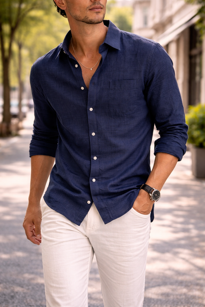 Men's Long Sleeve Shirt with Classic Collar and Chest Pocket