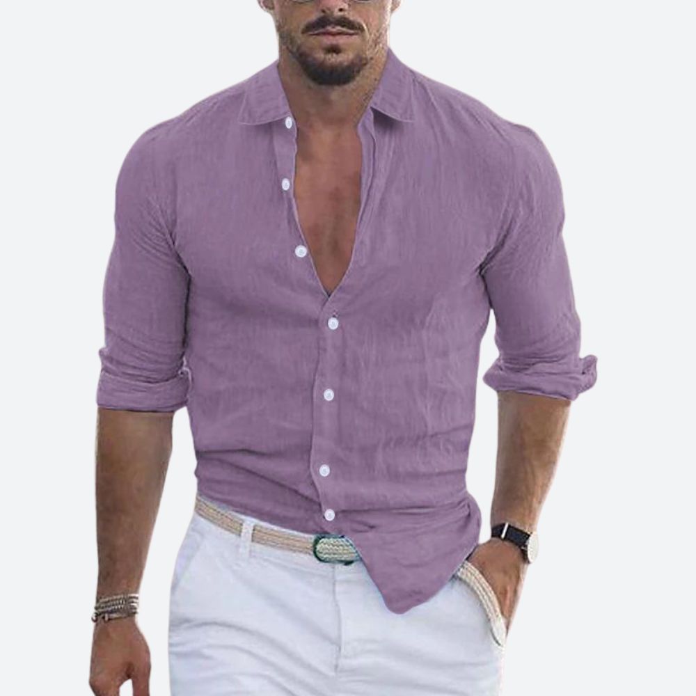 Men's Long Sleeve Shirt with Open Spread Collar and Button Closure