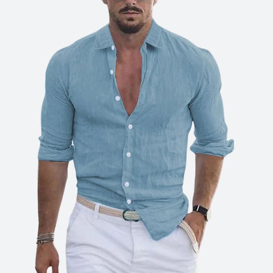 Men's Long Sleeve Shirt with Open Spread Collar and Button Closure