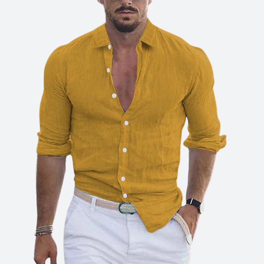 Men's Long Sleeve Shirt with Open Spread Collar and Button Closure