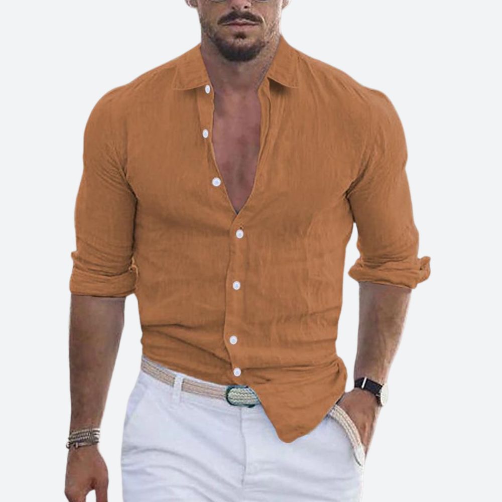 Men's Long Sleeve Shirt with Open Spread Collar and Button Closure