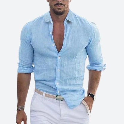 Men's Long Sleeve Shirt with Open Spread Collar and Button Closure
