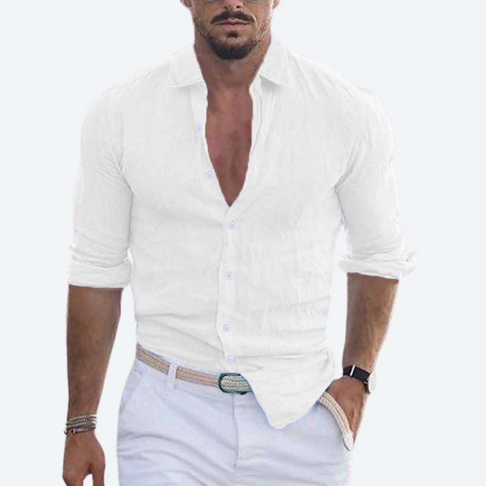 Men's Long Sleeve Shirt with Open Spread Collar and Button Closure