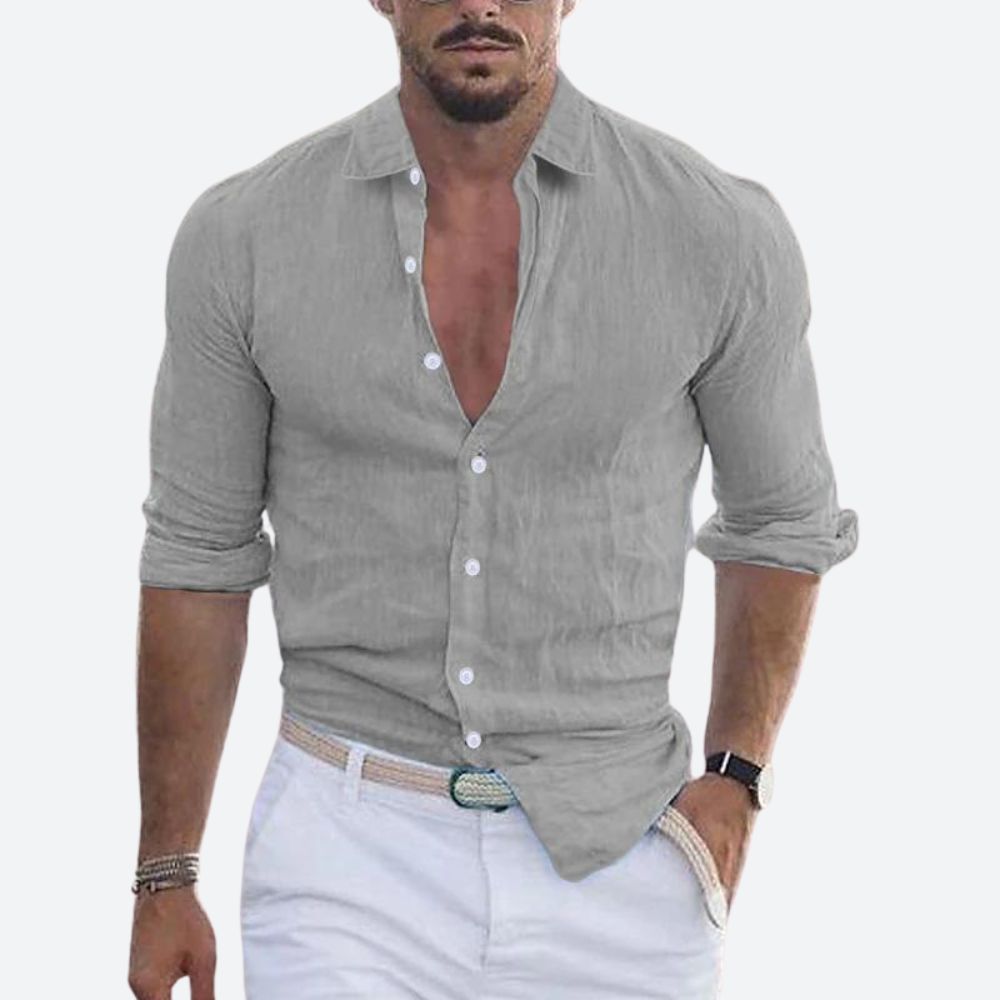 Men's Long Sleeve Shirt with Open Spread Collar and Button Closure