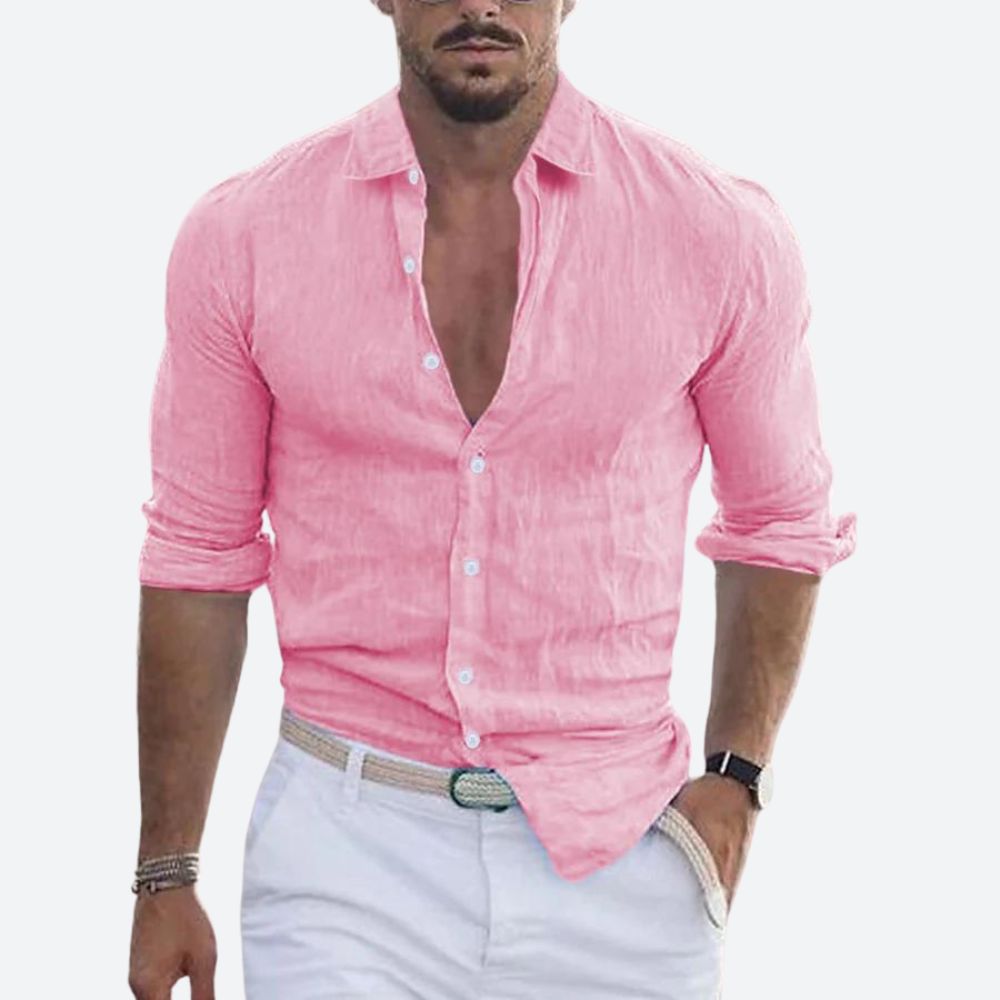 Men's Long Sleeve Shirt with Open Spread Collar and Button Closure