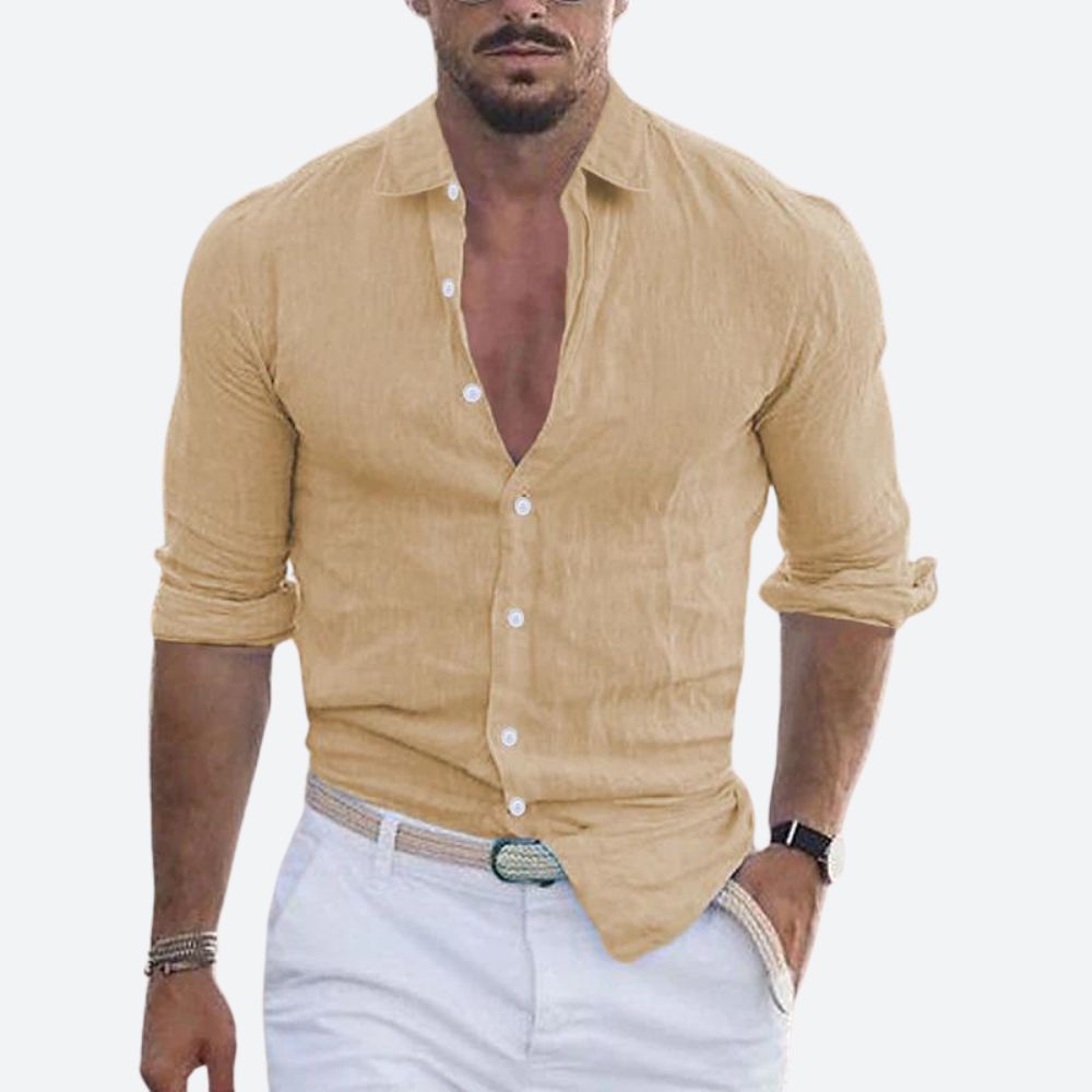 Men's Long Sleeve Shirt with Open Spread Collar and Button Closure