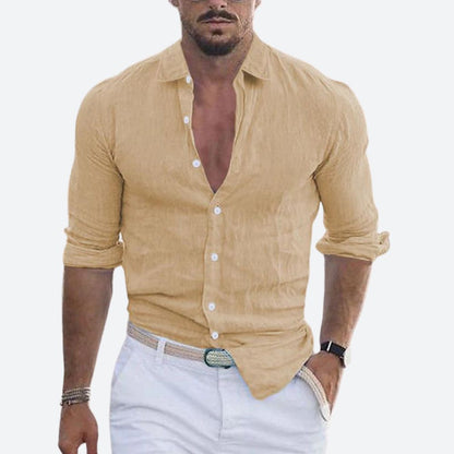 Men's Long Sleeve Shirt with Open Spread Collar and Button Closure
