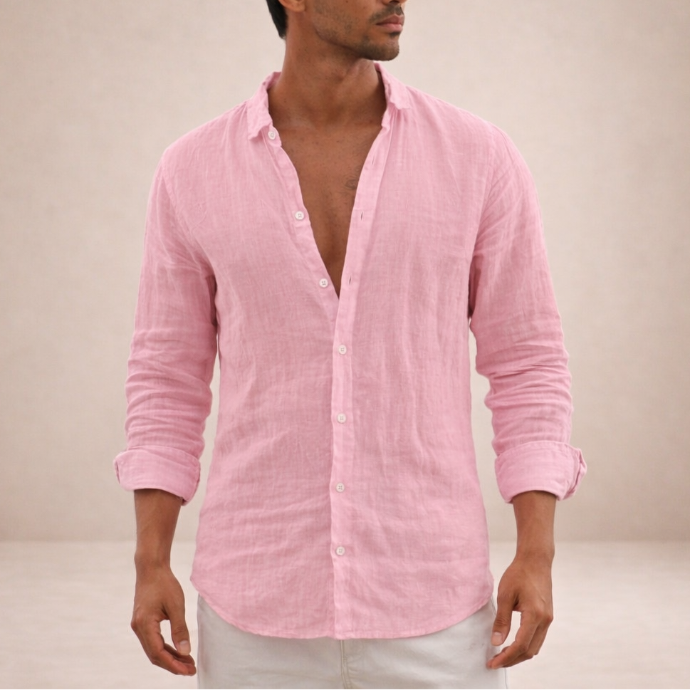 Men's Long Sleeve Shirt with Spread Collar and Button Closure Regular Fit