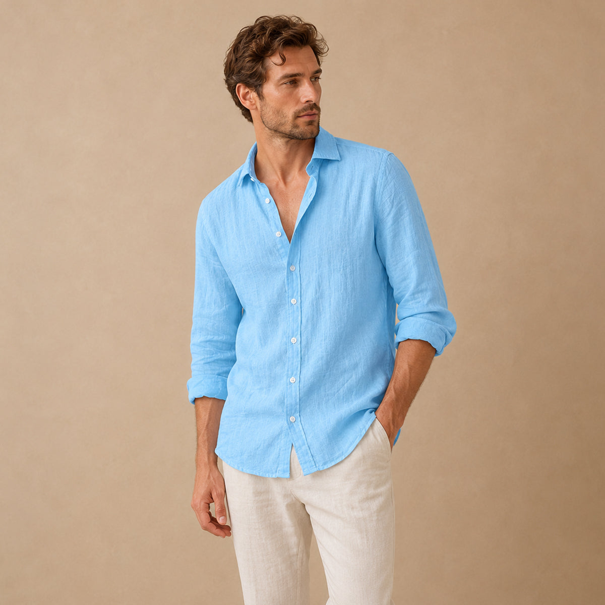 Men's Long Sleeve Shirt with Spread Collar and Button Front