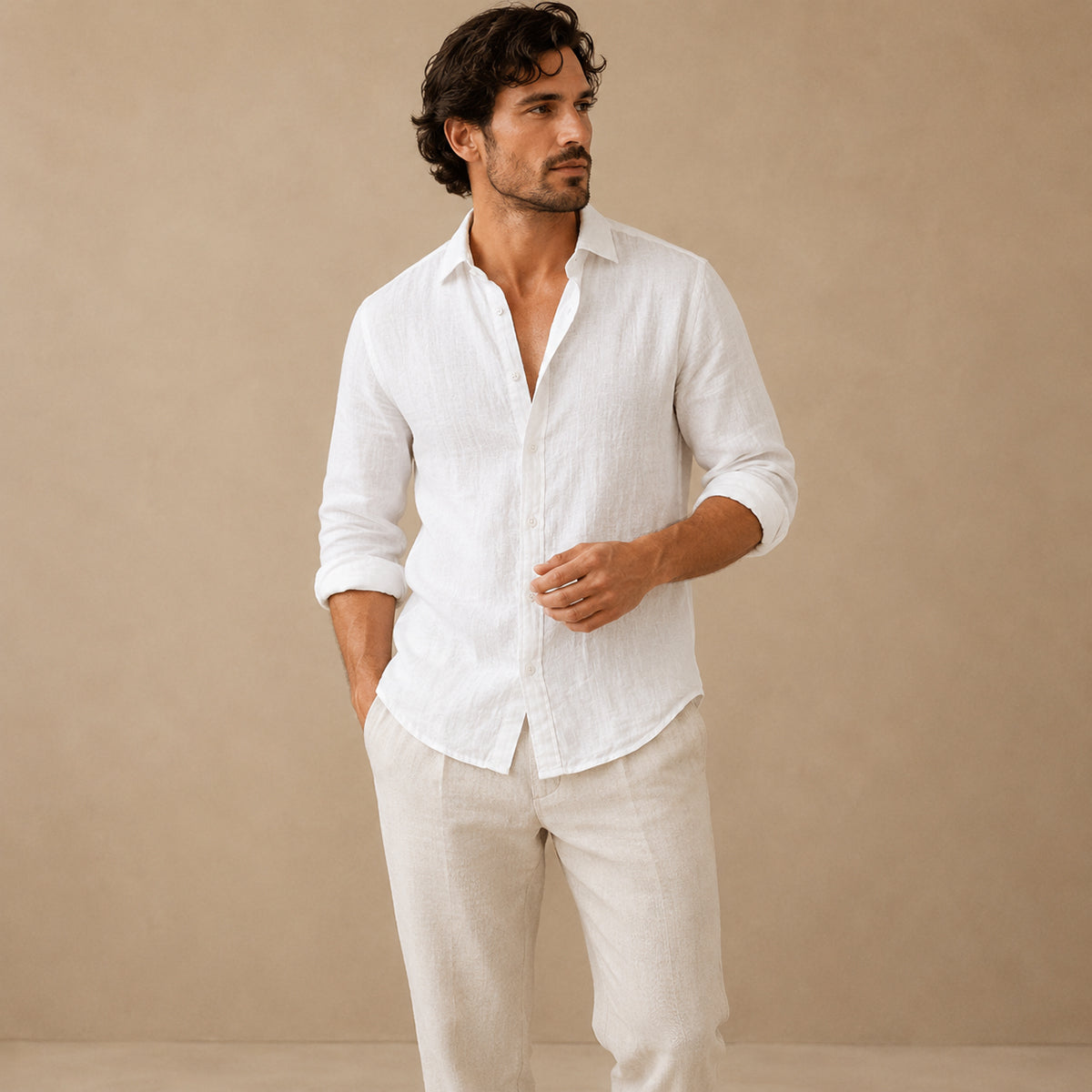 Men's Long Sleeve Shirt with Spread Collar and Button Front