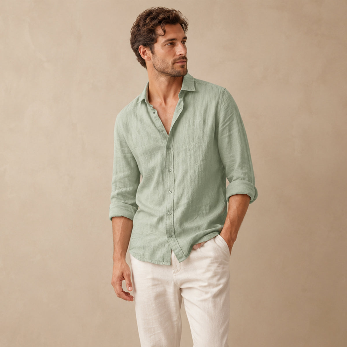 Men's Long Sleeve Shirt with Spread Collar and Button Front