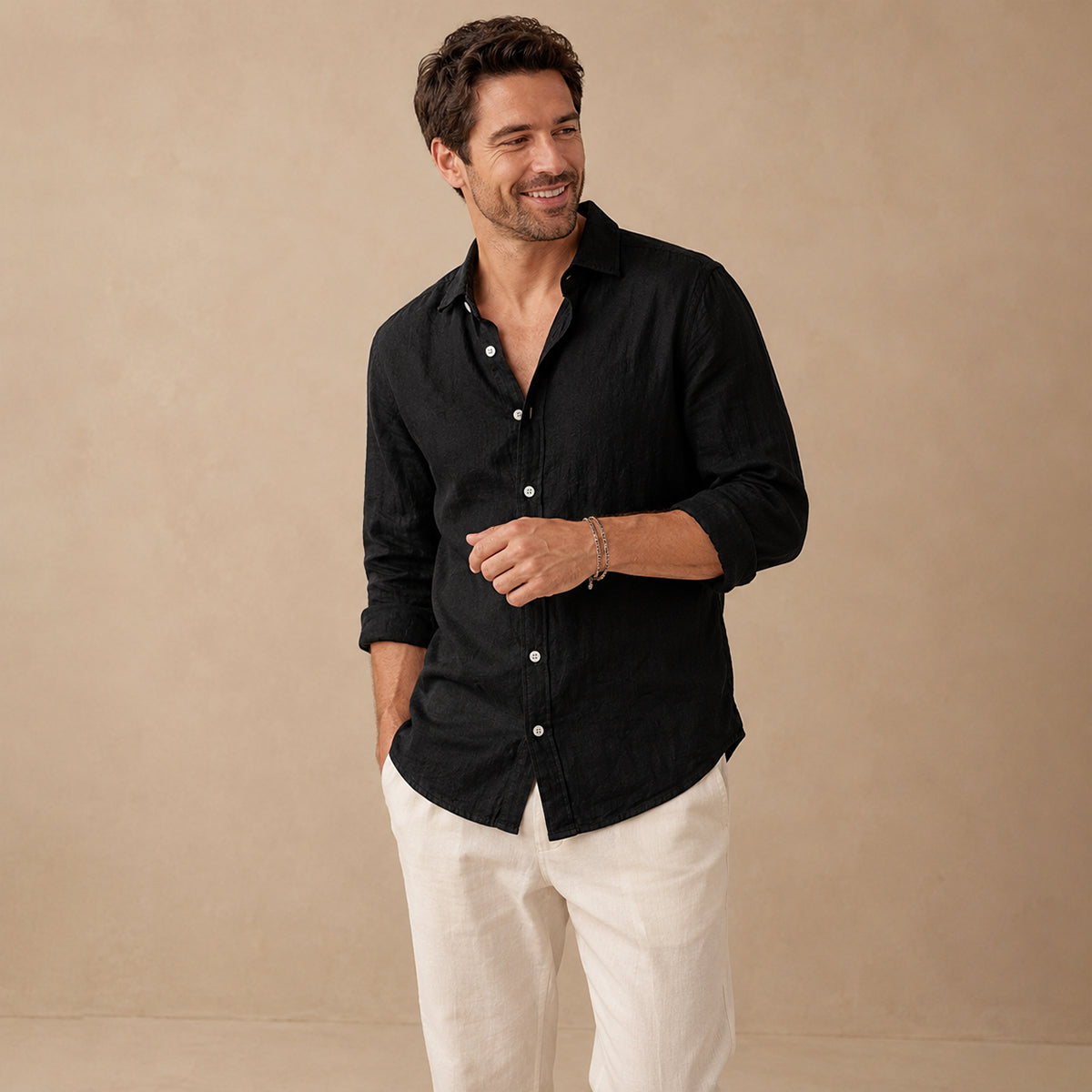 Men's Long Sleeve Shirt with Spread Collar and Button Front