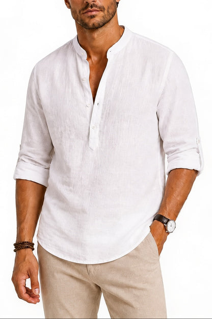 Men's Long Sleeve Shirt with Stand Collar and Button Front