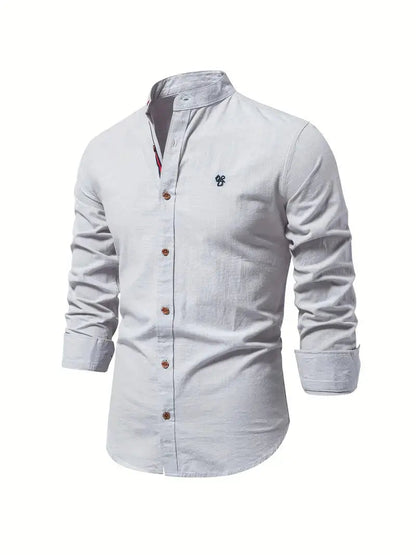 Men's Long Sleeve Shirt with Stand Collar and Button Front