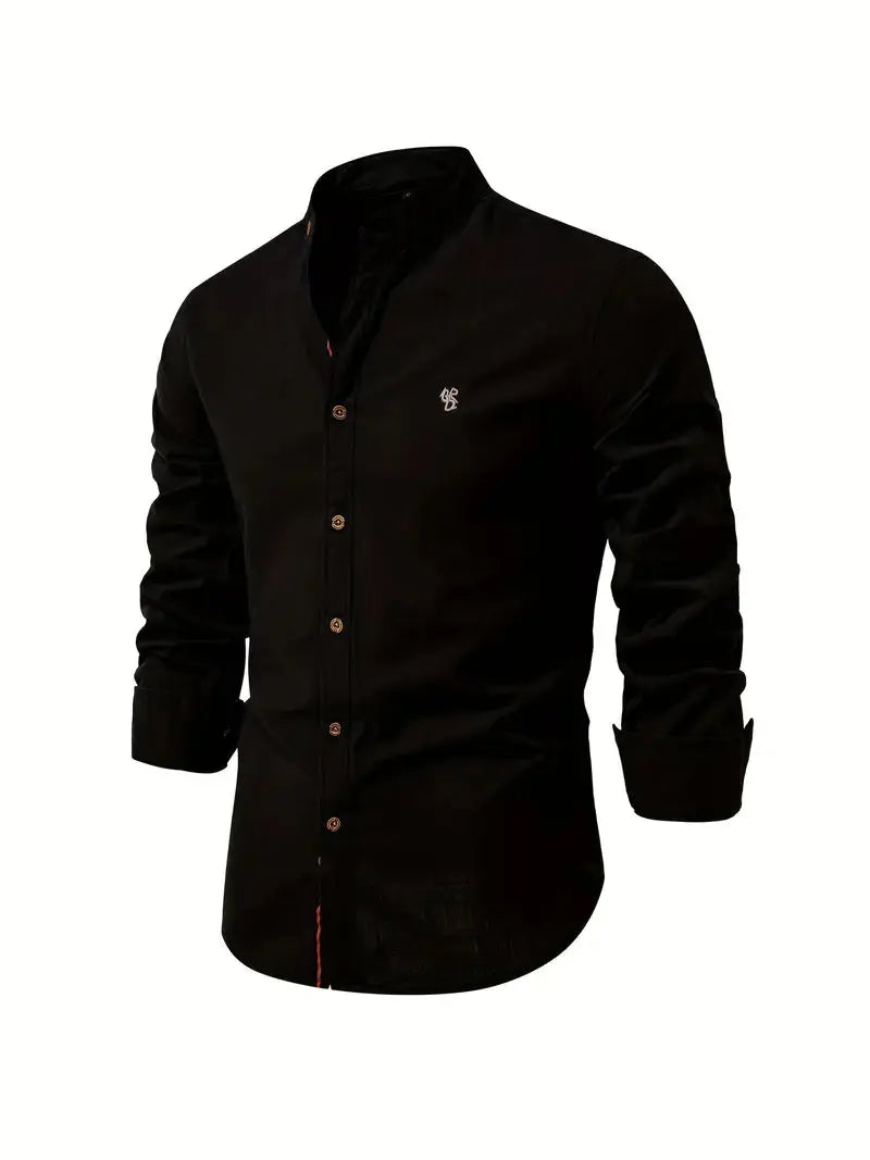 Men's Long Sleeve Shirt with Stand Collar and Button Front