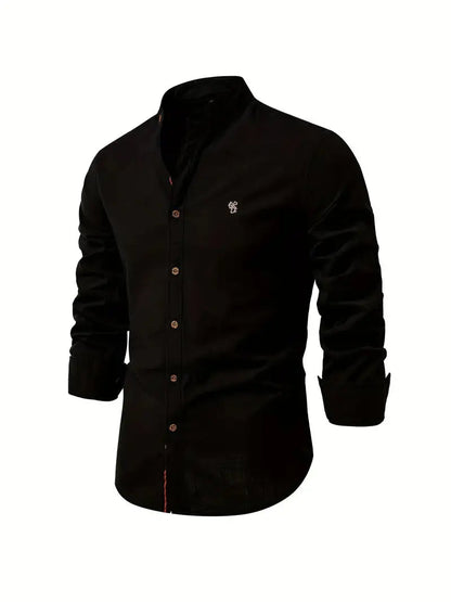 Men's Long Sleeve Shirt with Stand Collar and Button Front