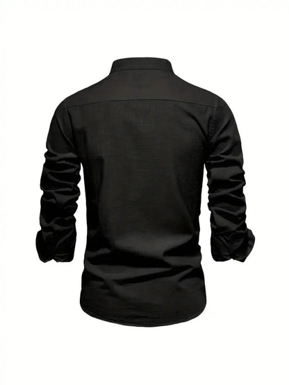 Men's Long Sleeve Shirt with Stand Collar and Button Front