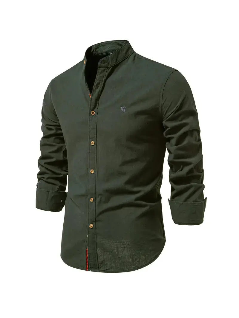 Men's Long Sleeve Shirt with Stand Collar and Button Front