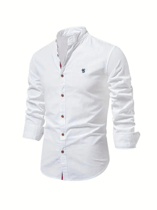 Men's Long Sleeve Shirt with Stand Collar and Button Front