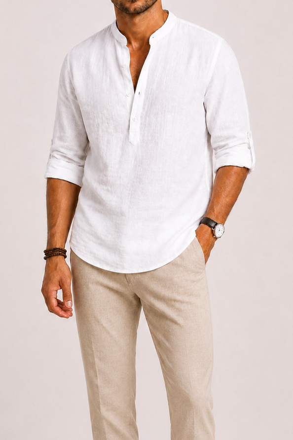 Men's Long Sleeve Shirt with Stand Collar and Button Front