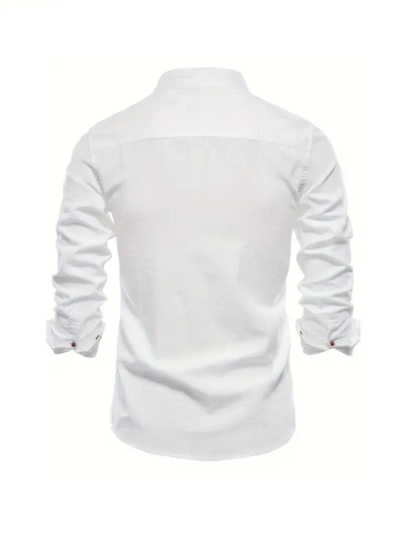Men's Long Sleeve Shirt with Stand Collar and Button Front