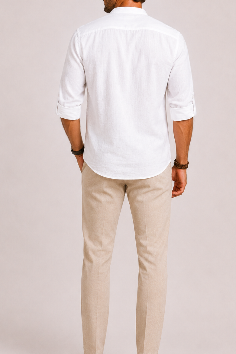 Men's Long Sleeve Shirt with Stand Collar and Button Front