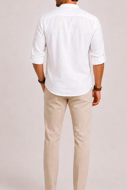 Men's Long Sleeve Shirt with Stand Collar and Button Front