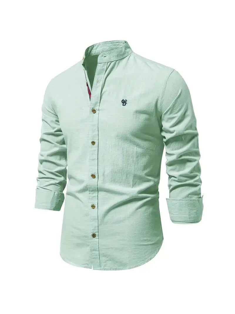 Men's Long Sleeve Shirt with Stand Collar and Button Front